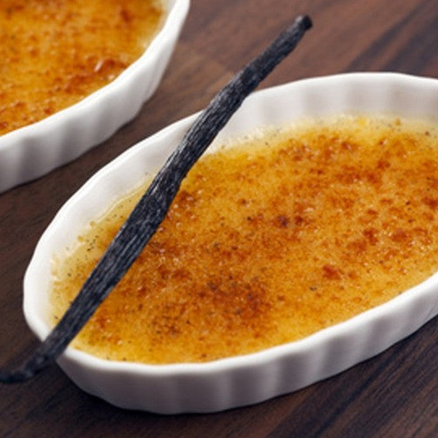Creme Brulee - Creamy buttery milk based custard flavored with vanilla beans with a hard scorched caramel topping.